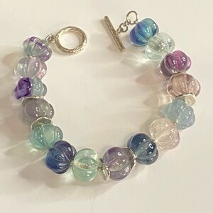 Chunky Carved Multi Color Fluorite Sterling Toggle Bracelet Signed